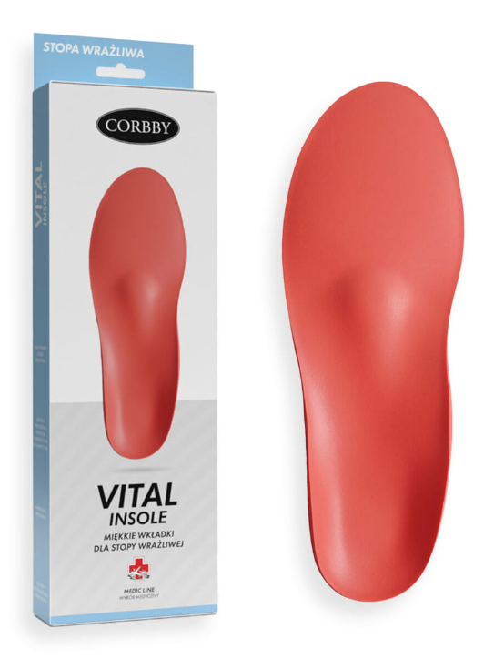 Miękka wkładka do stopy w kolorze czerwonym, zapakowana w karton z opisem VITAL INSOLE i logo Corbby.