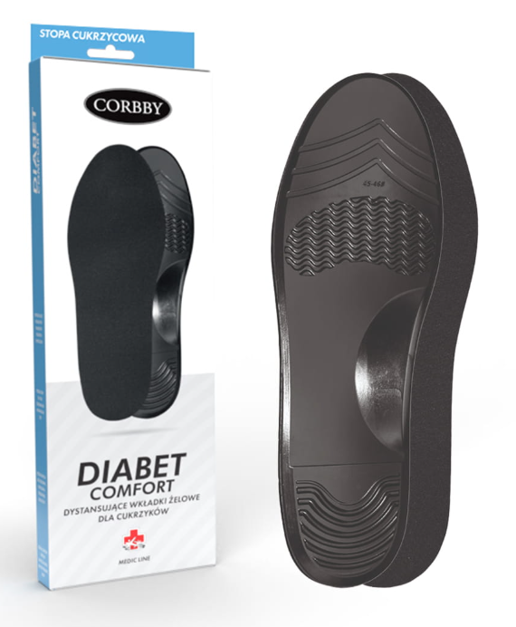 Wkładka ortopedyczna do obuwia dla diabetyków, czarna, z żelowymi wkładkami, w opakowaniu z nazwą i opisem produktu.