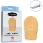 Podkładka ortopedyczna na odciski, w kształcie podeszwy, w kolorze beżowym z logo w środku.