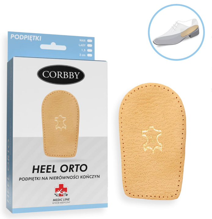 Podkładka ortopedyczna na odciski, w kształcie podeszwy, w kolorze beżowym z logo w środku.