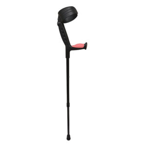 Laska ortopedyczna z podnóżkiem i głowicą do masażu, czarna z różowym elementem, przeznaczona do chodzenia i rehabilit