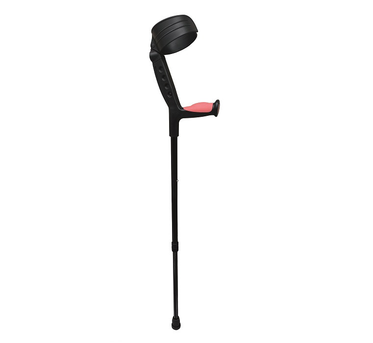 Laska ortopedyczna z podnóżkiem i głowicą do masażu, czarna z różowym elementem, przeznaczona do chodzenia i rehabilit
