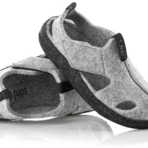 Podeszwa i cholewka szarych, miękkich butów z rzepami i otworami wentylacyjnymi, przeznaczonych do chodzenia po domu.