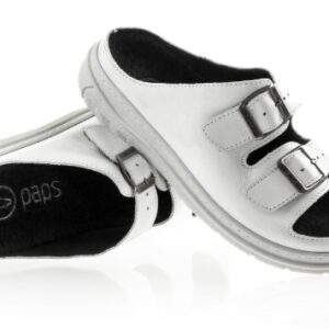 Białe buty sportowe z czarnymi elementami i dwoma rzepami na wierzchu.