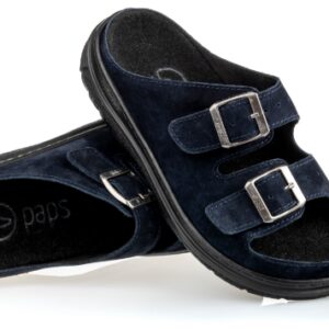 Czarne kapcie z dwoma regulowanymi paskami na rzepy i miękkim wykończeniem wnętrza.