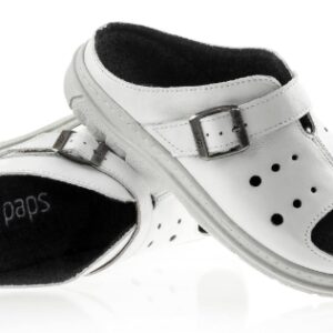 Białe dziecięce sandały z czarnymi wstawkami, z dwoma paskami na rzepy i perforacjami na wierzchu.