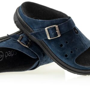 Półbuty ortopedyczne w kolorze granatowym z czarnym noskiem i dwoma paskami na rzepy.