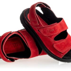 Czerwone i czarne ortopedyczne sandały z dwoma rzepami, przeznaczone dla dzieci, z miękką podeszwą i stabilnym wsparciem.