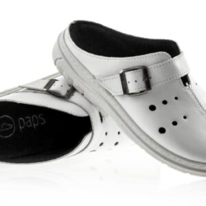 Białe, miękkie buty z czarnym wykończeniem i regulowanym paskiem na rzep, przeznaczone do użytku w domu lub na co dzień.