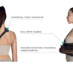 Damska osoba w sportowym topie i rękawicach, z opisami: miękki naramiennik, szeroki zakres regulacji, wytrzymały materiał