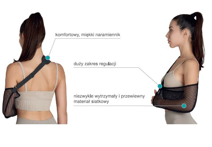 Damska osoba w sportowym topie i rękawicach, z opisami: miękki naramiennik, szeroki zakres regulacji, wytrzymały materiał