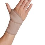 Dłoń z bandażem na nadgarstku, uniesiona i otwarta, w jasnym, neutralnym tle.