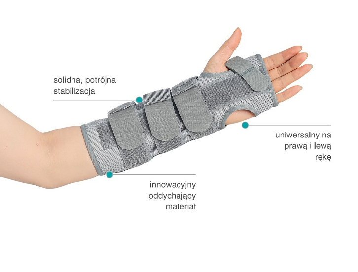 Orteza na rękę z trzema paskami, stabilizacją, oddychającym materiałem i uniwersalnym dopasowaniem na lewą i prawą rę