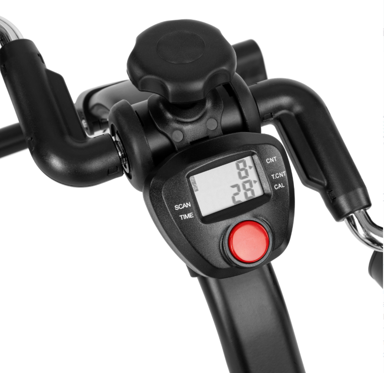 Elektryczny rower z wyświetlaczem, przyciskami i manetkami na kierownicy, służący do sterowania i monitorowania jazdy.