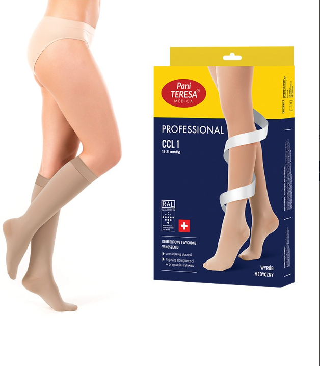 Pończochy uciskowe Pani Teresa Medica, rozmiar CCL 1, na nogę modelki, obok opakowania z opisem i logo.