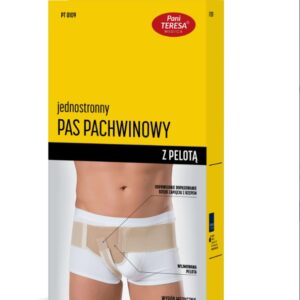 Jednostronny pas pachwinowy z pelotą, na modelce, z opisem funkcji i elementów.