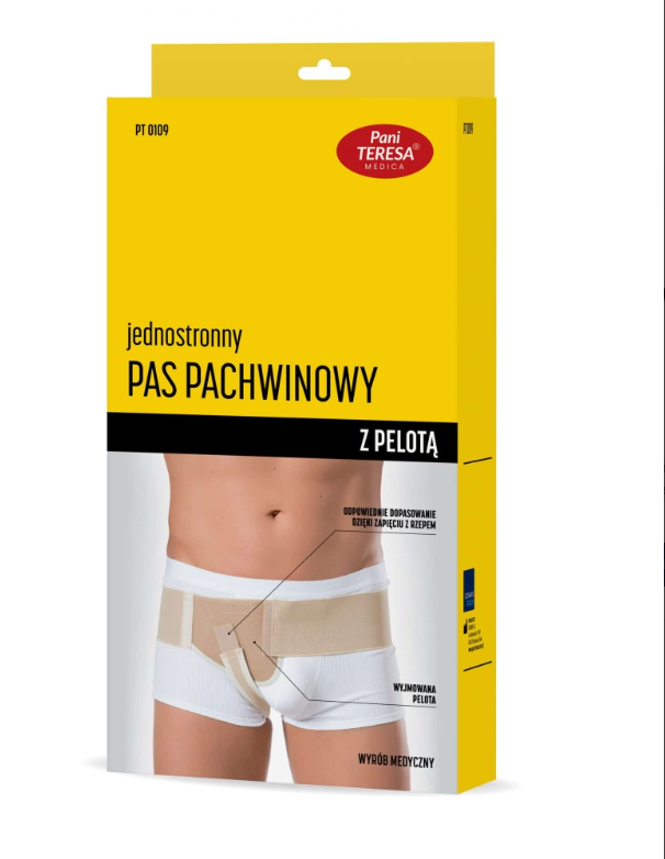 Jednostronny pas pachwinowy z pelotą, na modelce, z opisem funkcji i elementów.