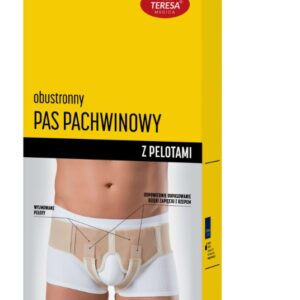 Obustronny pas pachwinowy z pelotami na zdjęciu, w żółtym opakowaniu marki Pani Teresa Medica.