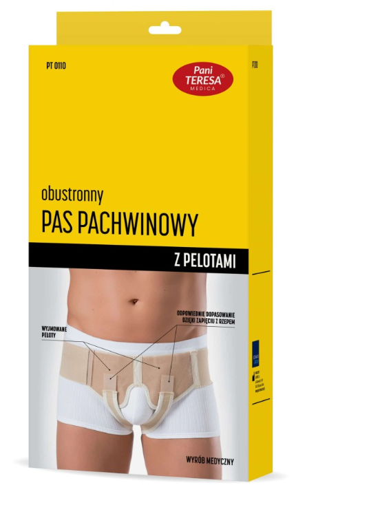 Obustronny pas pachwinowy z pelotami na zdjęciu, w żółtym opakowaniu marki Pani Teresa Medica.