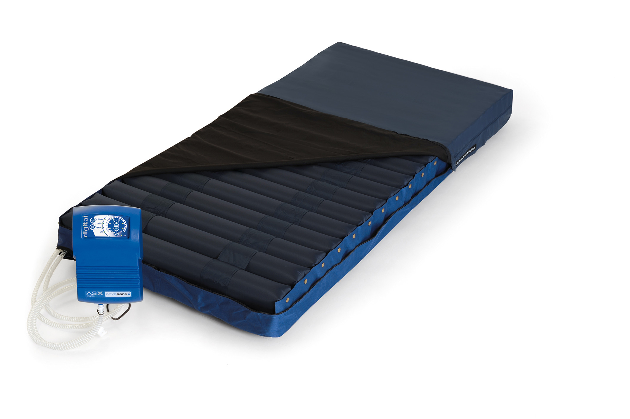 Poduszka przeciwodleżynowa z pompowanymi komorami i podłączeniem do pompy z cyfrowym wyświetlaczem.
