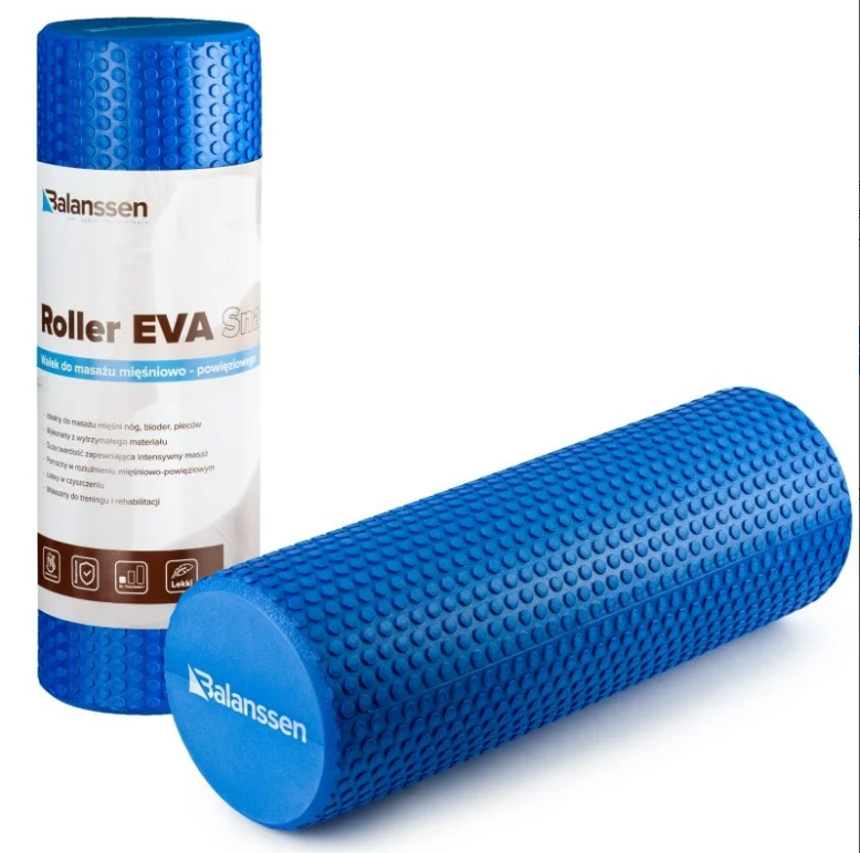 Rolka do masażu mięśniowego EVA w kolorze niebieskim, z teksturą wypukłych kółek, obok opakowania z etykietą.