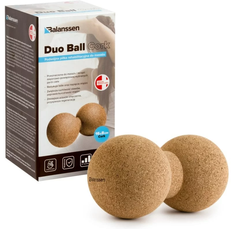 Dwa brązowe kule do masażu o średnicy 16-8 cm, obok opakowanie z opisem produktu i logo marki Balanssen.