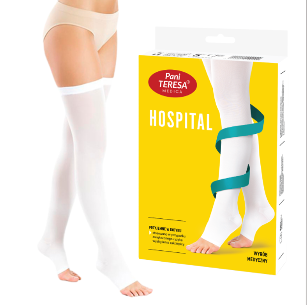 Opaska uciskowa na nogę, w opakowaniu z żółtą etykietą i logo Pani Teresa, służy do poprawy krążenia i stabilizacji