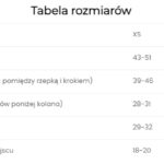 Tabela rozmiarów z wymiarami od obwodu uda, kolana i łydki dla różnych rozmiarów od XS do XXXL.