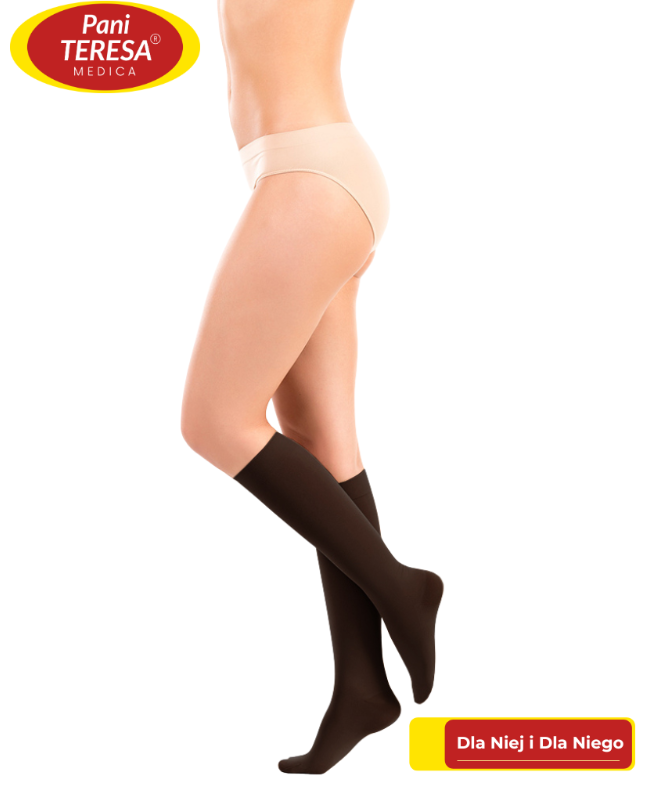 Kobieta w beżowych majtkach i czarnych pończochach, z logo Pani Teresa Medica i napisem Dla Niej i Dla Niego.
