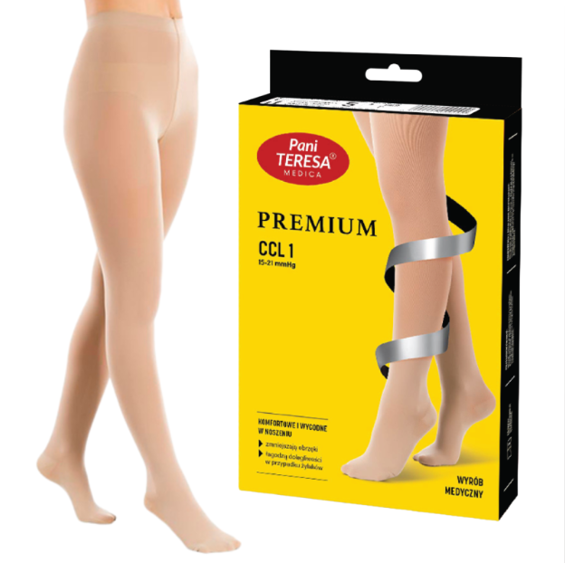 Para cienkich pończoch uciskowych na nogę, obok opakowania z logo Pani Teresa i obrazem nogi owiniętej taśmą.