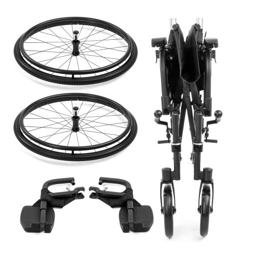 Składany wózek inwalidzki z dwoma dużymi kołami i pedałami, rozłożony na białym tle.