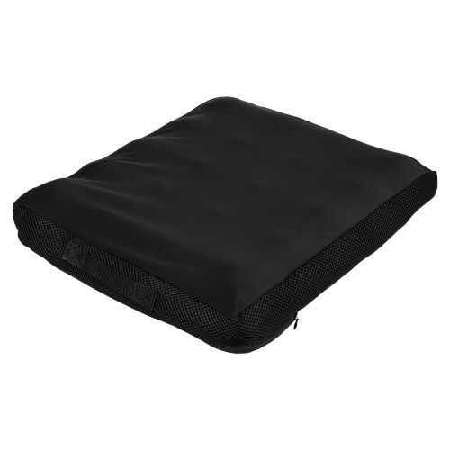 Czarna, miękka poduszka na siedzenie z zapięciem na zamek, wykonana z materiału odpornego na ścieranie.