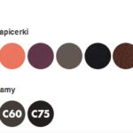 Przedstawiono sześć kolorów tapicerki: zielony, pomarańczowy, fioletowy, szary, czarny i brązowy oraz trzy odcienie ram: