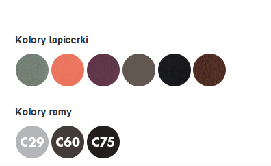 Przedstawiono sześć kolorów tapicerki: zielony, pomarańczowy, fioletowy, szary, czarny i brązowy oraz trzy odcienie ram: