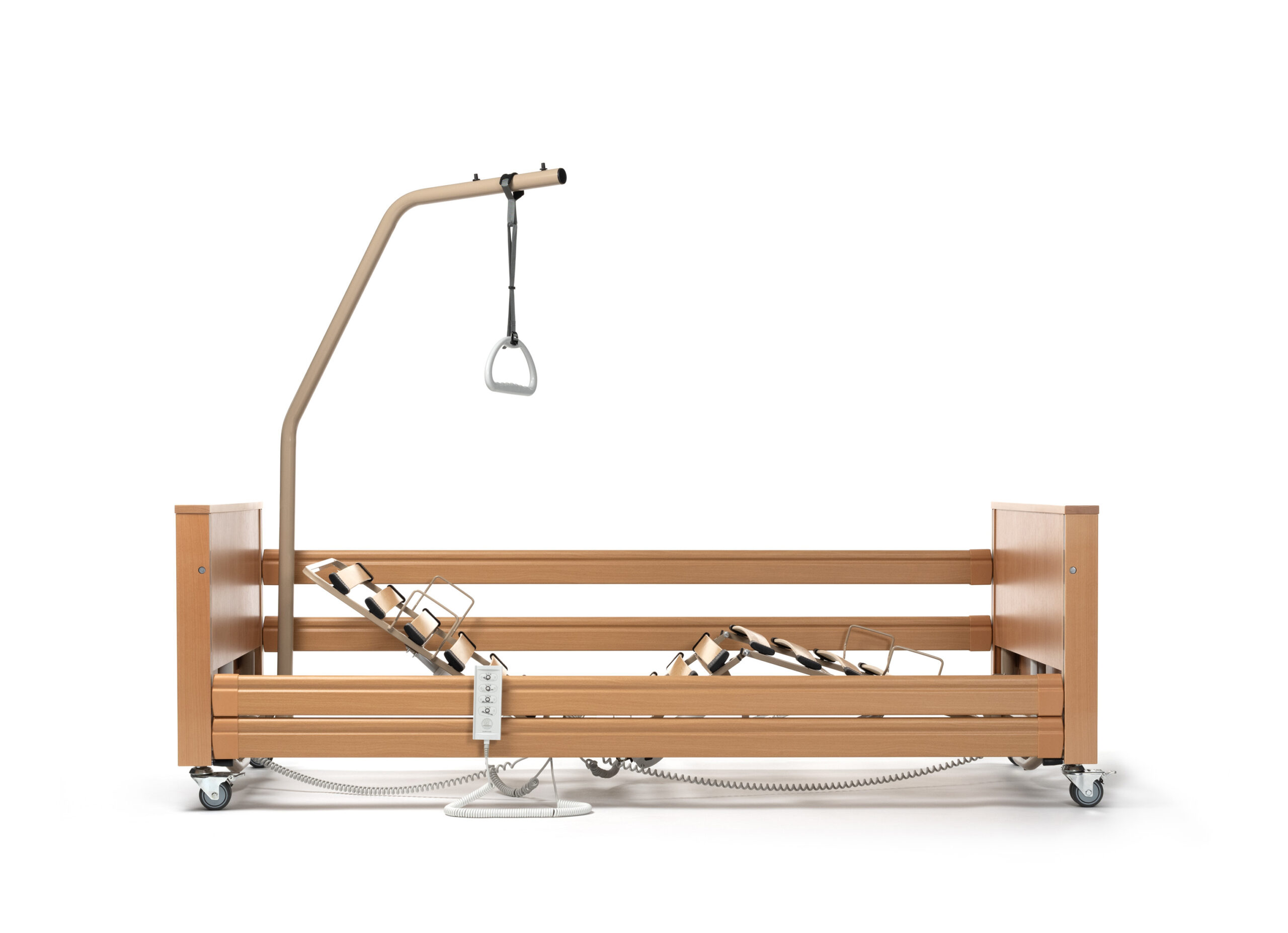 Łóżko rehabilitacyjne z drewnianą ramą, podnośnikiem i pasami do podnoszenia pacjentów, na kółkach, z przyciskiem st