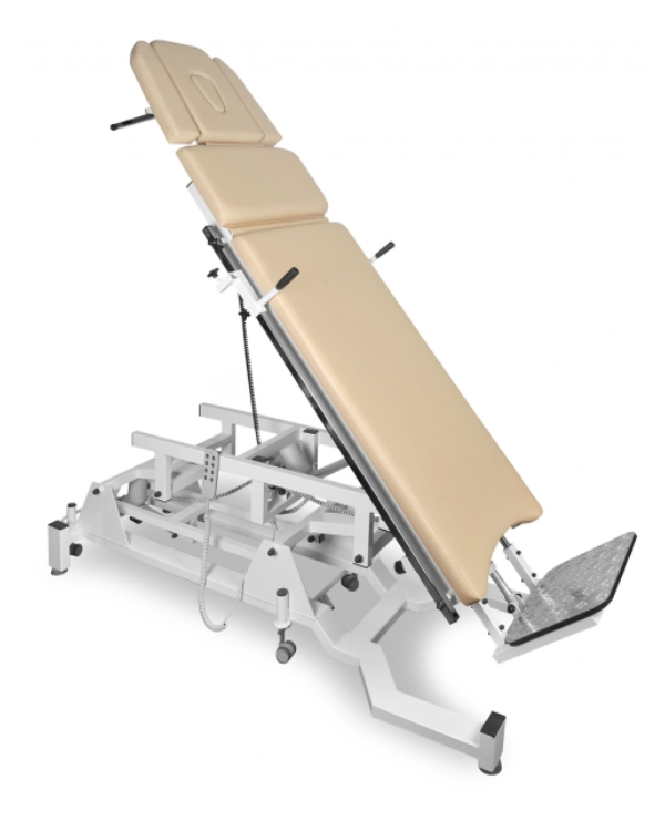 Stół do masażu z regulowanym oparciem i podnóżkiem, na metalowej konstrukcji z kółkami i mechanizmami regulacji.