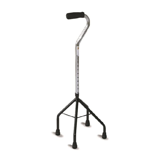 Laska ortopedyczna z czarnym uchwytem i regulowaną długością, stojąca na czterech nogach z gumowymi końcówkami.