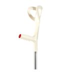 Laska ortopedyczna z białym uchwytem i metalowym trzonem, przeznaczona do pomocy w chodzeniu.