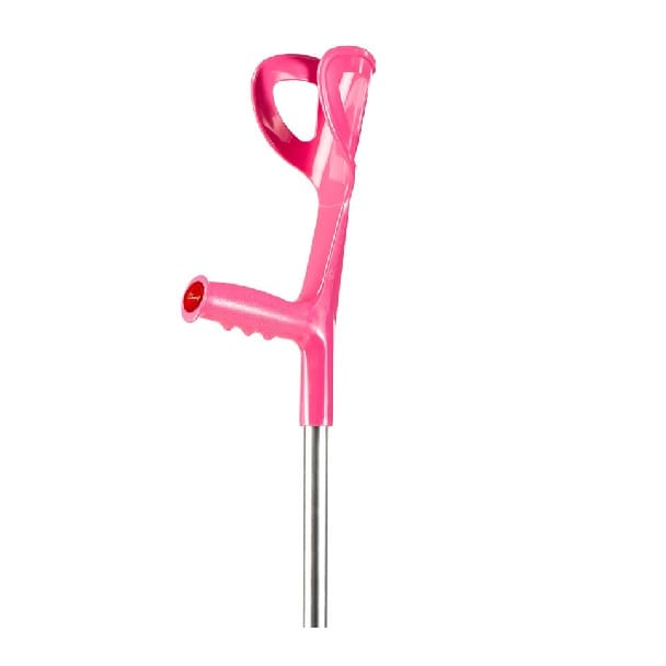 Różowa rączka do odkurzacza z ergonomicznym uchwytem i przyciskiem, zamontowana na metalowym wysięgniku.