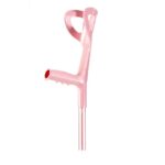 Różowa laska ortopedyczna z uchwytem i podpórką, przeznaczona do wsparcia podczas chodzenia.