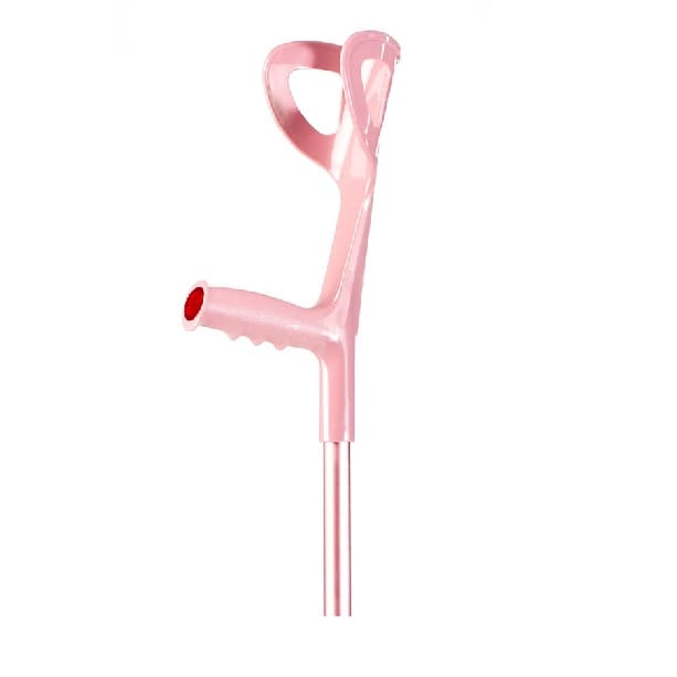 Różowa laska ortopedyczna z uchwytem i podpórką, przeznaczona do wsparcia podczas chodzenia.