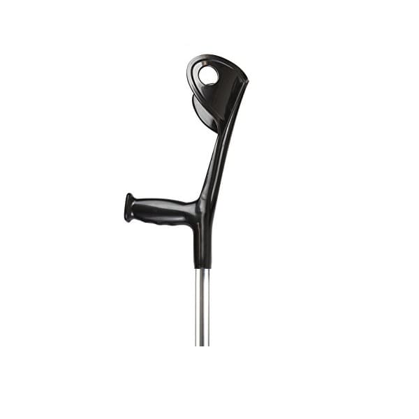 Kij ortopedyczny z czarną rączką i otworem na palec, używany do chodzenia i wsparcia.