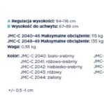 Specyfikacja regulacji wysokości i wagi uchwytu, dostępne kolory i maksymalne obciążenie dla modelu JMC-C.