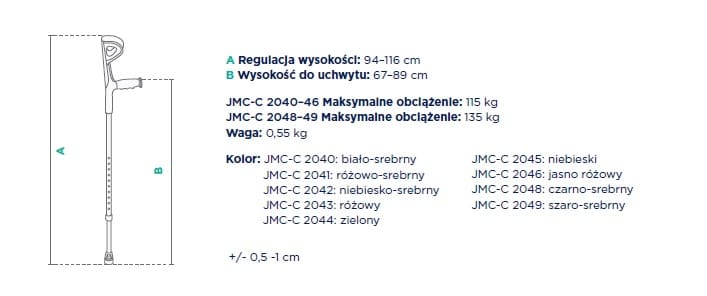 Specyfikacja regulacji wysokości i wagi uchwytu, dostępne kolory i maksymalne obciążenie dla modelu JMC-C.
