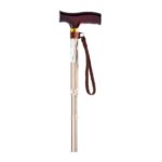 Laska ortopedyczna z czarnym uchwytem, złotym elementem i pętlą na nadgarstek.