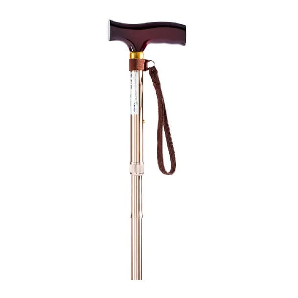 Laska ortopedyczna z czarnym uchwytem, złotym elementem i pętlą na nadgarstek.