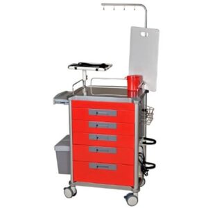 Mobilny stolik medyczny z czterema czerwonymi szufladami, podświetlanym oświetleniem, półką na akcesoria i wieszakiem na