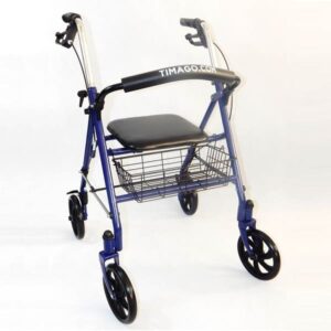 Lekki, składany chodzik z czterema kółkami, czarnym siedziskiem i koszykiem na drobne przedmioty.