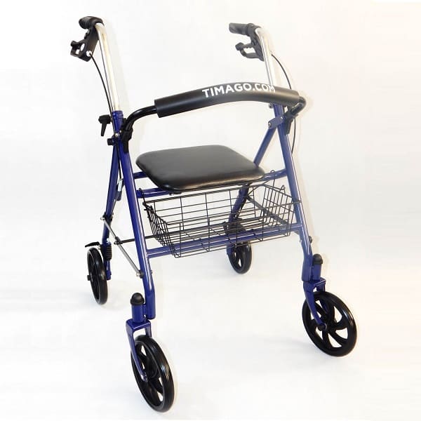 Lekki, składany chodzik z czterema kółkami, czarnym siedziskiem i koszykiem na drobne przedmioty.