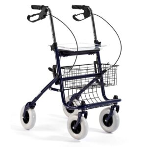 Lekki, składany chodzik na czterech kołach z koszykiem i regulowanymi uchwytami, przeznaczony dla osób starszych lub niepe